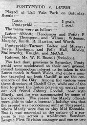 Match Report: Pontypridd vs Luton Town FC (28th Dec 1912)