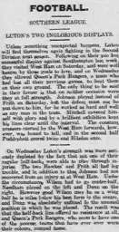Match Report: Luton Town FC vs Queens Park Rangers (16th Sep 1914)