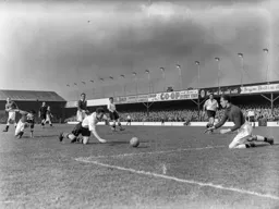 Johnny Downie goes down after the challenge of former Hatter Gordon Brice, but no penalty was given