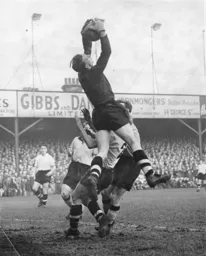 Ron Baynham gets up to make a safe catch