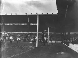 Mick Cullen is on the ground but his spectacular header finds the net for the Town`s goal
