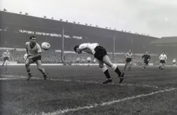 Jimmy Adam`s diving header is just off target