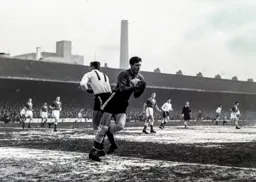 City keeper Dave MacLaren gathers the ball and side steps Tony Gregory
