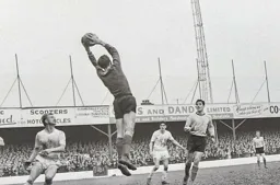 Watford keeper Pat Jennings grasps the ball