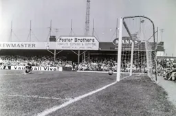 Bruce Rioch`s thunderbolt effort beats the despairing dive of Alan Hill for the town`s first goal