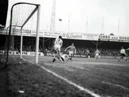 Alan Slough`s goal bound effort is cleared off the line by John Webb