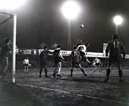 Keith Allen is beaten in the air on this occasion