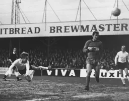Brian Lewis heads in his hat-trick goal