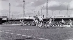 Keith Allen has a header just before half time