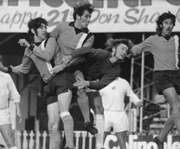 Barry Butlin, Tom Finney and Alan Garner put Hull goalkeeper Jeff Wealands under pressure