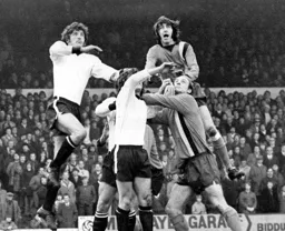 Barry Butlin rises highest against the Vale defence