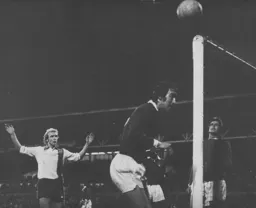 Ron Futcher watches his header go over the bar
