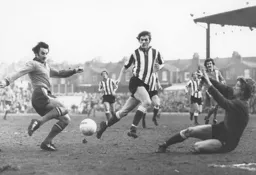 Jimmy Husband sees his shot blocked by Jim Montgomery in the Sunderland goal