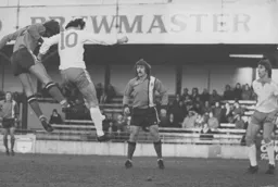 Dixie Deans watches as Paul Price heads towards goal