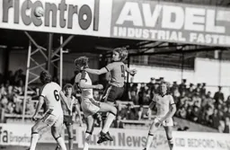 David Geddis rises to head the ball goalwards