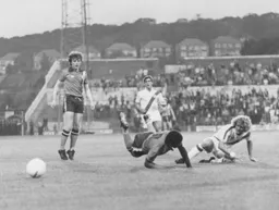 Brian Stein is fouled by future Hatter Peter Nicholas in the box leading to a successful penalty