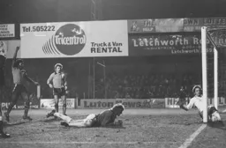 Ricky Hill appeals as the ball appears to have crossed the line