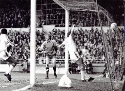 David Moss scores the first goal from point blank range