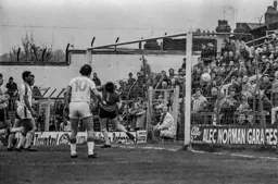 Bob Hatton watches the ball flash into the net for the opening goal