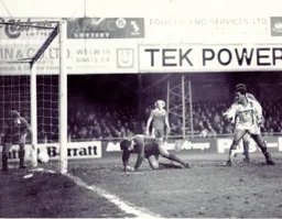 Brian Stein watches as Paul Price's effort creeps over the line