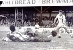 Godfrey Ingram in a tangle with the Cardiff goalkeeper