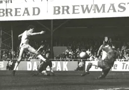 Steve White is thwarted by the Rovers goalkeeper