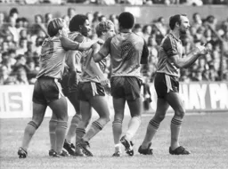 Town players celebrate Paul Walsh`s goal making the score 1-1