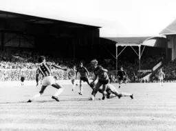 Moment of controversy. Stoke keeper Peter Fox is sent off for handling the ball outside the panalty area