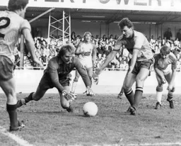 Watford keeper Steve Sherwood dives on the ball as Ricky Hill rushes in