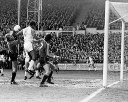 Gary Bailey catches the ball away from Brian Stein