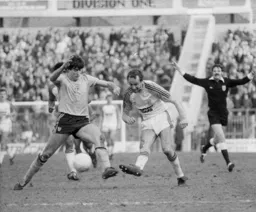 A determined Brian Horton takes a shot at goal