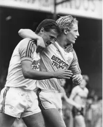 Paul Walsh thanks David Moss after his assist for the opening goal