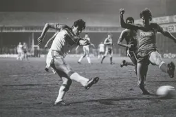 Trevor Aylott fires his first past Terry Butcher