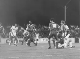 Mal Donaghy, on the floor, scores Luton's first goal in a 4-1 win