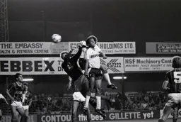 A header from Mal Donaghy is on its way for the third goal