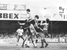 No favours given as Mick Harford tries to beat his good friend Tony Coton in the Hornet's goal and is about to smash him in the process