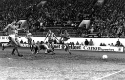 Mick Harford needs to follow the ball into the net