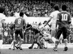 Goalmouth action in front of the Spurs goal with Steve Foster at the centre of it