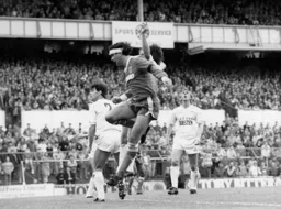 Steve Foster attacks the Spurs goal. Gary Stevens and Graham Roberts of Spurs are searching for the ball