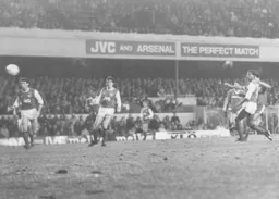Anxious looks on the Arsenal defenders faces as Brian Stein gets a shot on goal