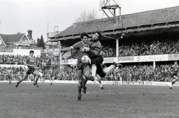 Mick Harford clashes with Peter Shilton