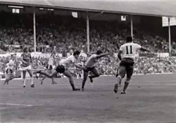 Brian Stein celebrates his goal with Mike Newell and Emeka Nwajiobi