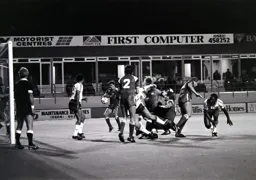 A scramble in the Saints goalmouth but the ball stayed out