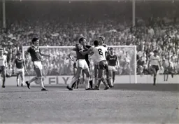 Brian Stein and Alvin Martin come to blows. The referee then sent them both for an early bath