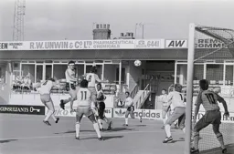 Steve Foster heads goalwards but Graham Benstead is poised to make a save