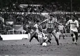 Mike Newell goes to ground which allows Lawrie Madden to clear the ball away as Mark Stein closes in