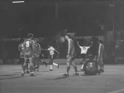 Mike Newell arms aloft celebrates the only goal of the game.
