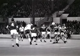 Steve Foster directs a header towards the Villa goal