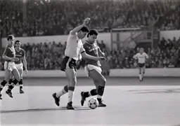 Mike Newell tussles for the ball with Paul McGrath