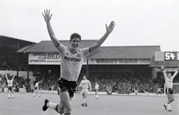Mike Newell shows his delight after scoring the Town`s second goal